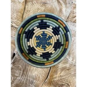 Handmade Woven African Basket Blue Green Geometric Rwanda Tutsi Wall Decor Boho